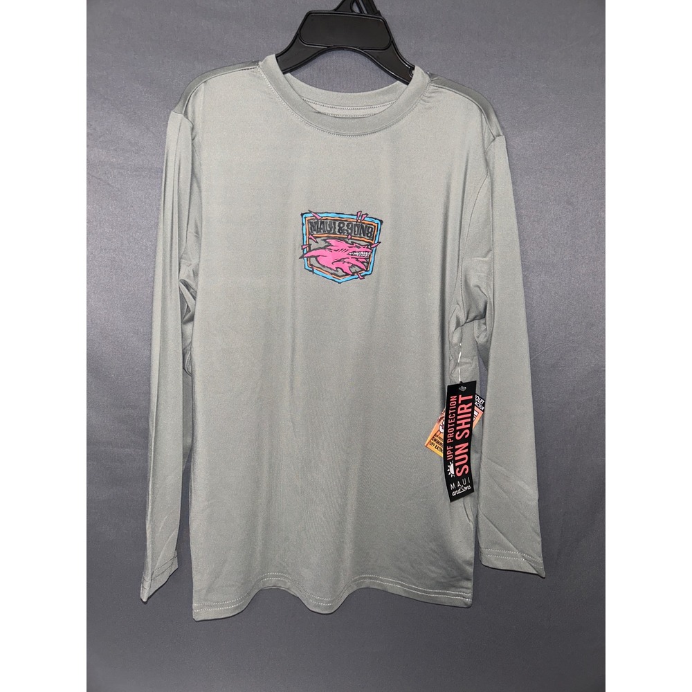 Maui and Sons Kids Gray Sun Shirt UPF 50+ Long Sleeve RashGuard Sz S Sun Shirt